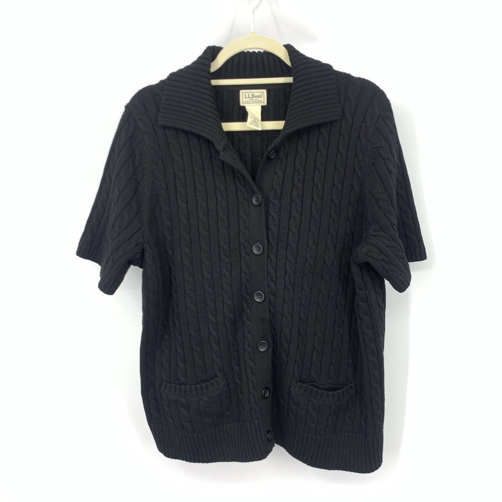 LL Bean Women Size 2X Sweater Short Sleeve Cardigan Top Polo Black Cable Knit